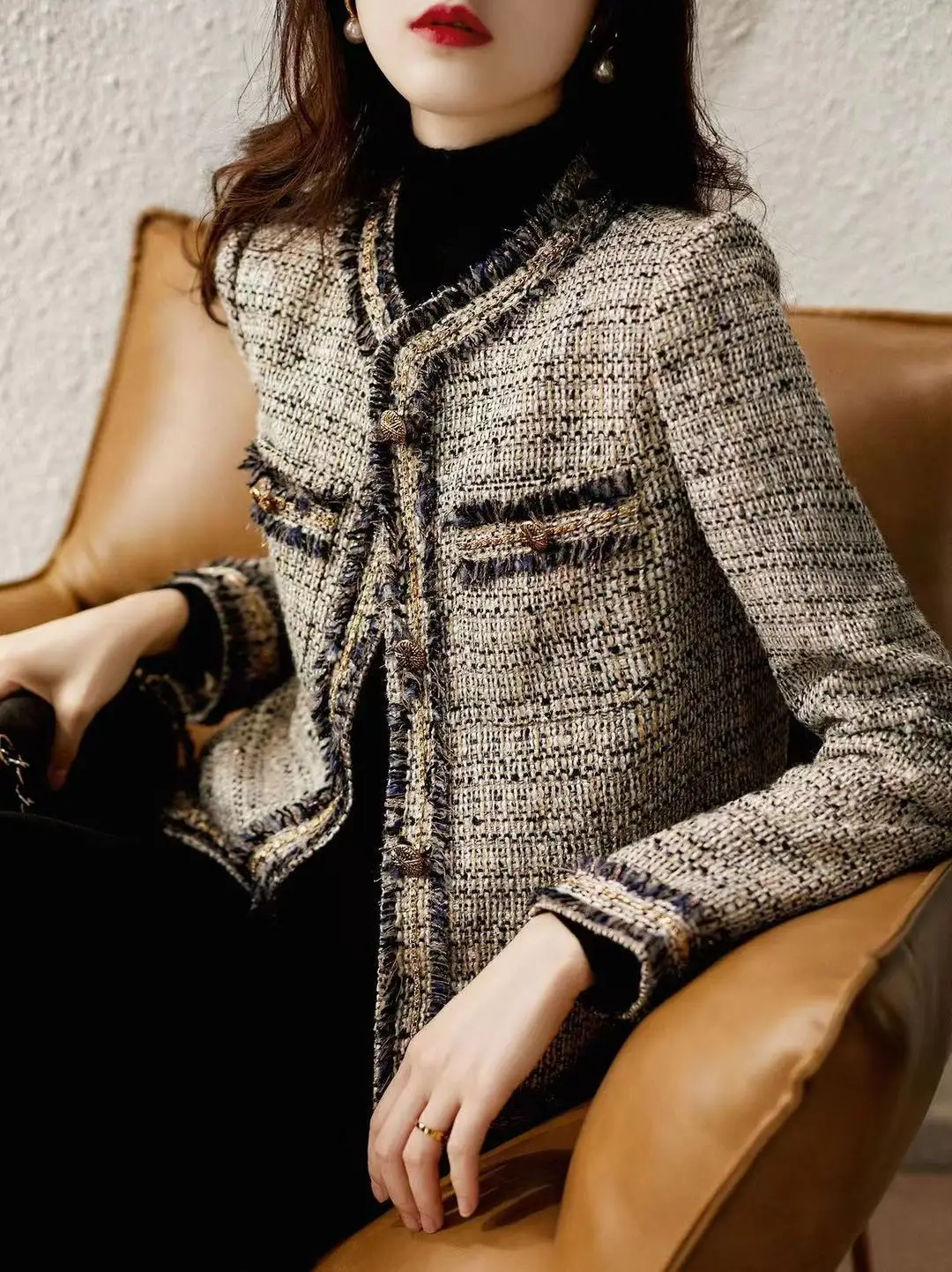 

2022 Women Fashion Daily Spring and Autumn New Fashionable Niche Fantasy Color Yarn Tweed with Wool Suit Jacket Women's Clothing