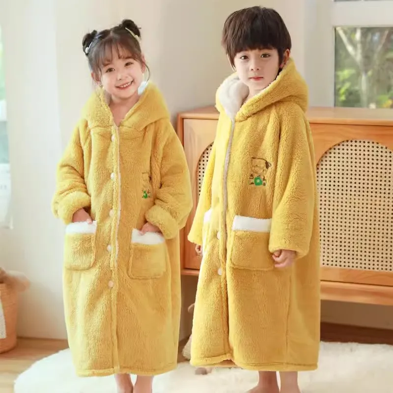 Winter Bathrobe Kids Thicken Warm Flannel Homewear Children Boys Cartoon Bear Nightwear Girls Princess Pink Hooded Button Robes