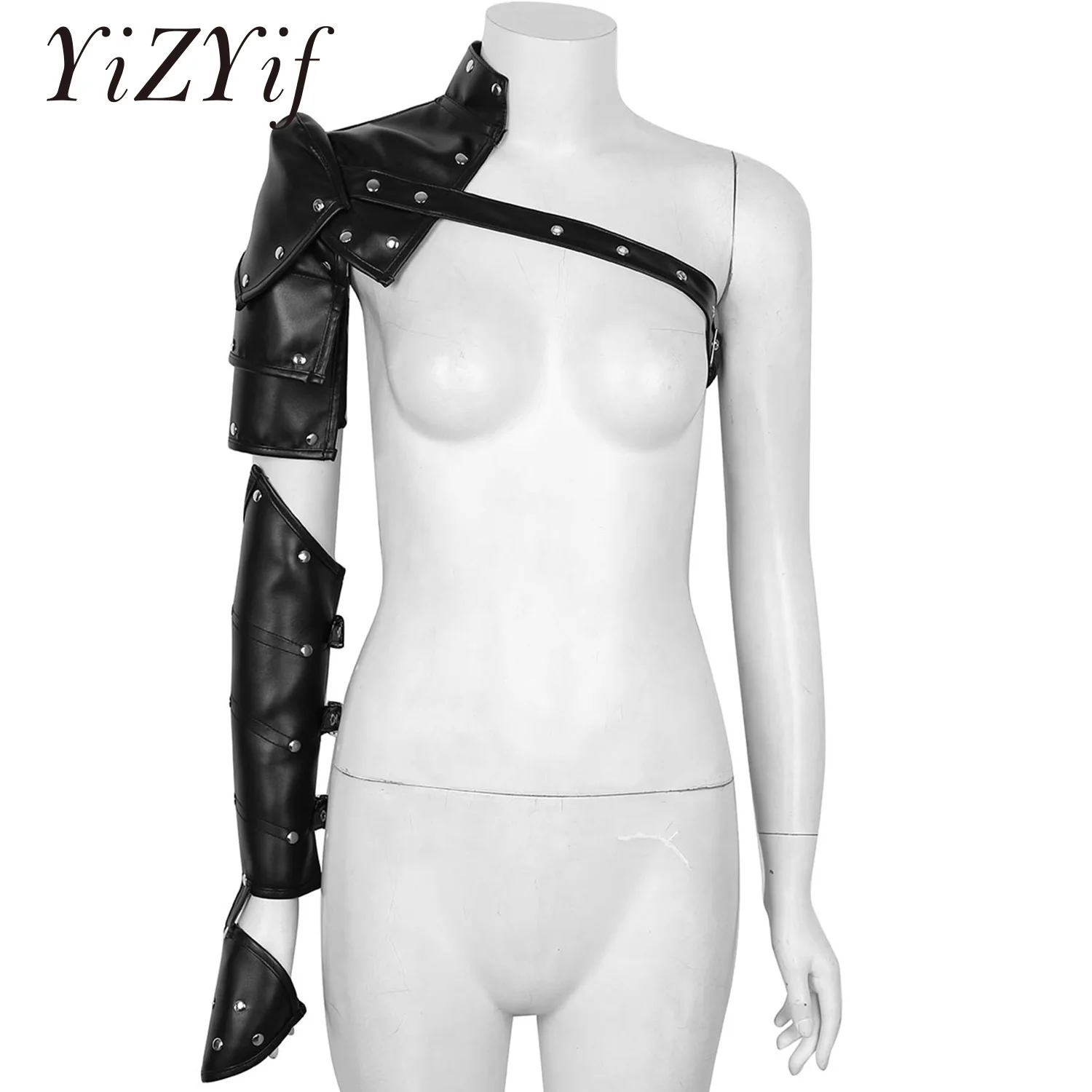 YiZYiF Men's Harness Belt Gothic Steampunk Style PU Adjustable Metal Rivets Shoulder Armors with Arm Strap Set Cosplay Costume