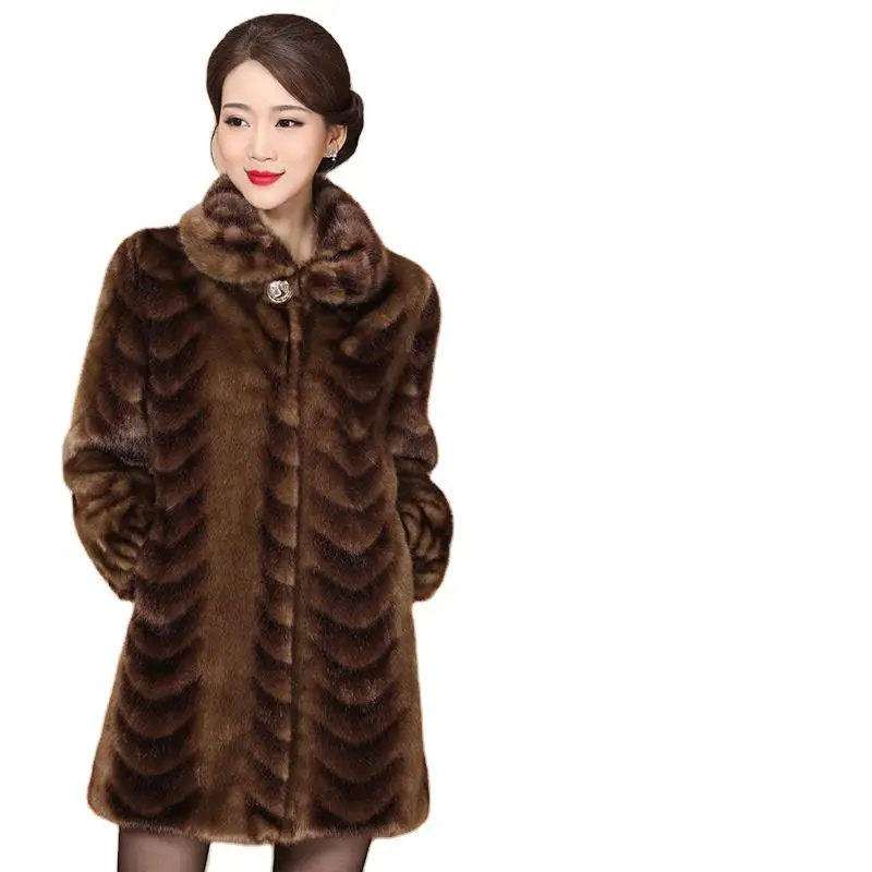 Medium Length Red Coffee Color Winter Fur Coat Women Long Sleeve Europe Trend Clothing Elegant Fluffy Sheared Mink Fur Overcoat