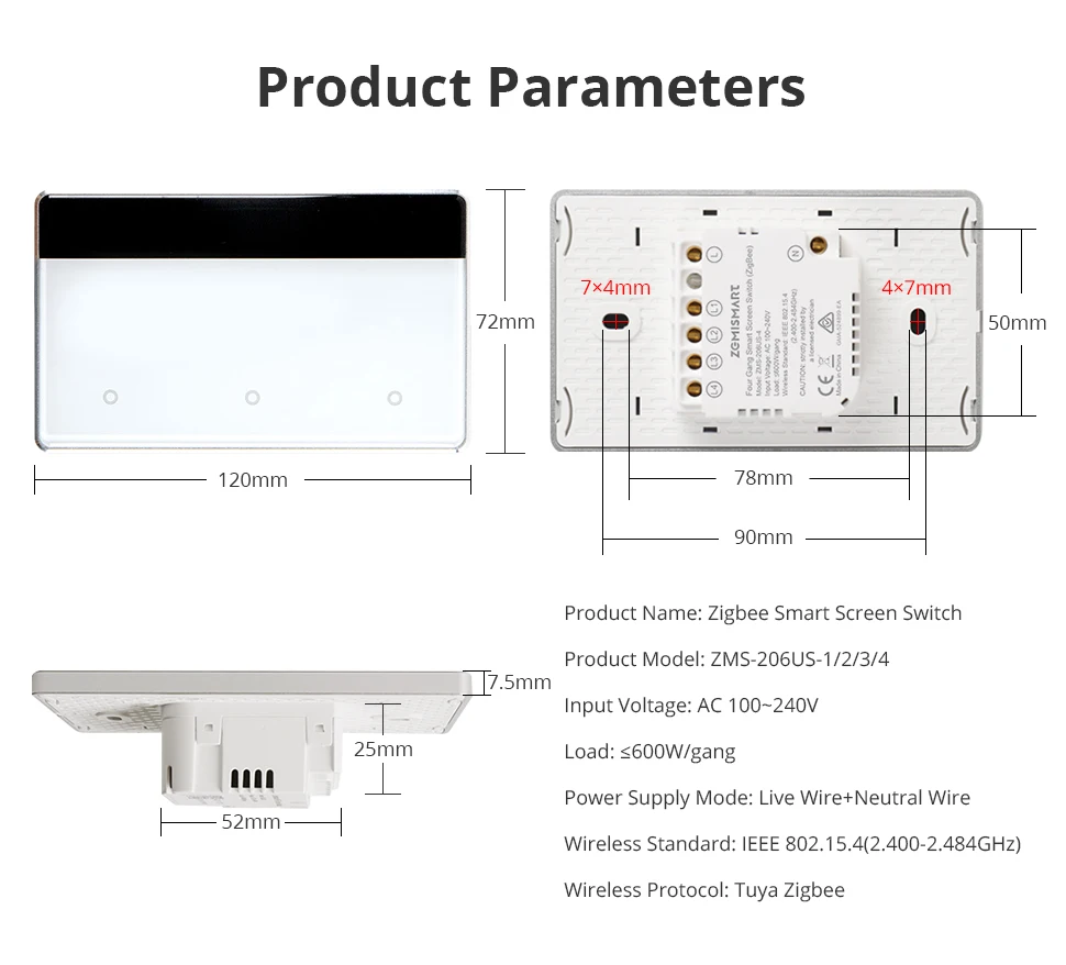 Zigbee Smart DIY Name Switch Horizontal Display Screen US Touch Light Switch Wor