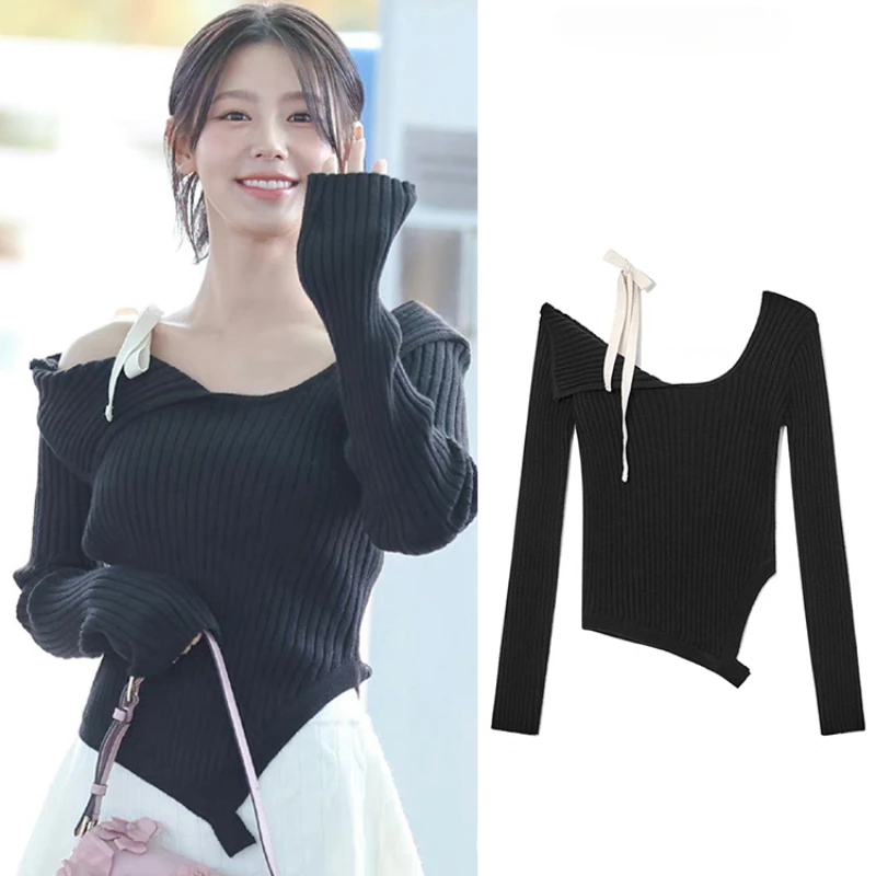 

Kpop Korean Singer Pole Dance Clothes Women Irregular Black Sexy Off-Shoulder Slim Knitted Sweaters Nightclub Girl Stage Costume