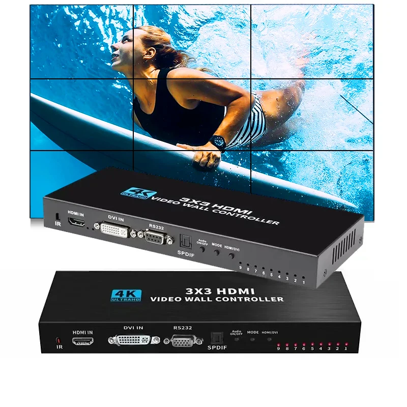 TV 벽 컨트롤러 프로세서, 9 스크린 스플라이서 박스, 비디오 월 컨트롤러, 4K HDMI DVI 입력, 1080P, 3x3, 2x3, 2x4, 4x2, 1x4, 3x3