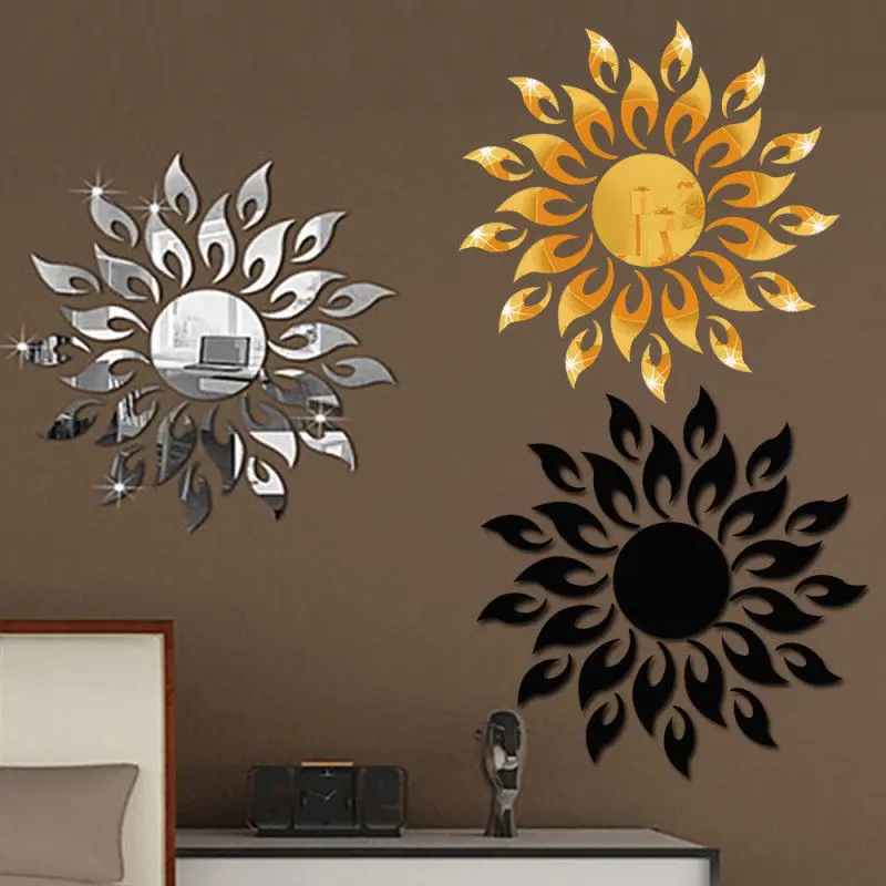 3D Sun Flower Wall Sticker Acrylic Mirror Flame Decorative Stickers Art Mural Decal Wall Decor Living Room Bedroom Decoration