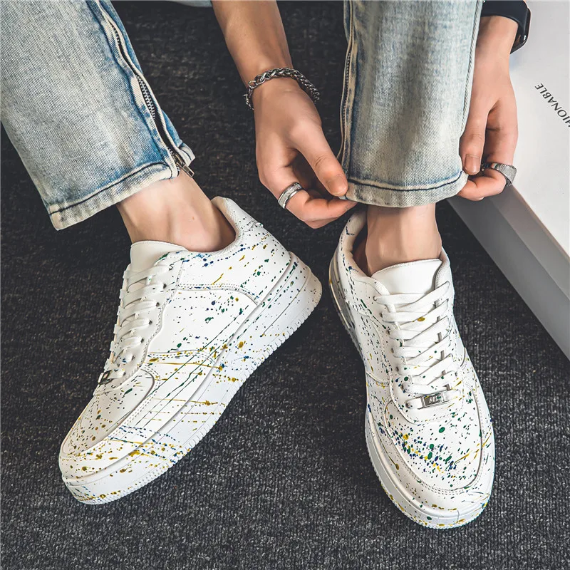 Casual Sneaker Leather Shoes Skateboard Round Toe Fashion Men\'s Casual Shoes Soft and Comfortable Non-slip Shoes Splash-ink
