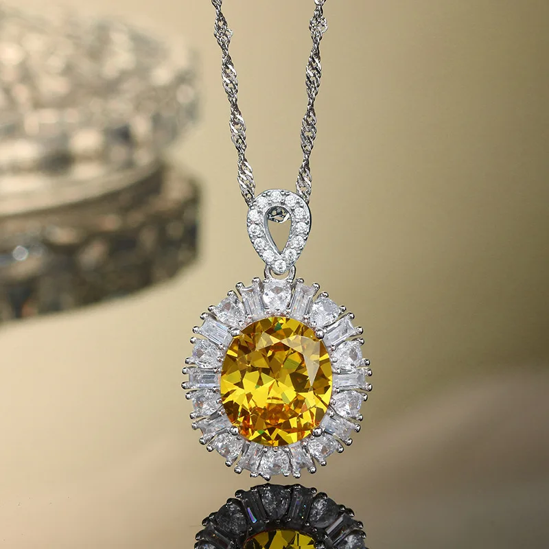 

Wedding High-end Pure 925 Silver Women's Necklace with Pendant Made of Synthetic Citrine and Zircon,Light Luxury Delicate Style