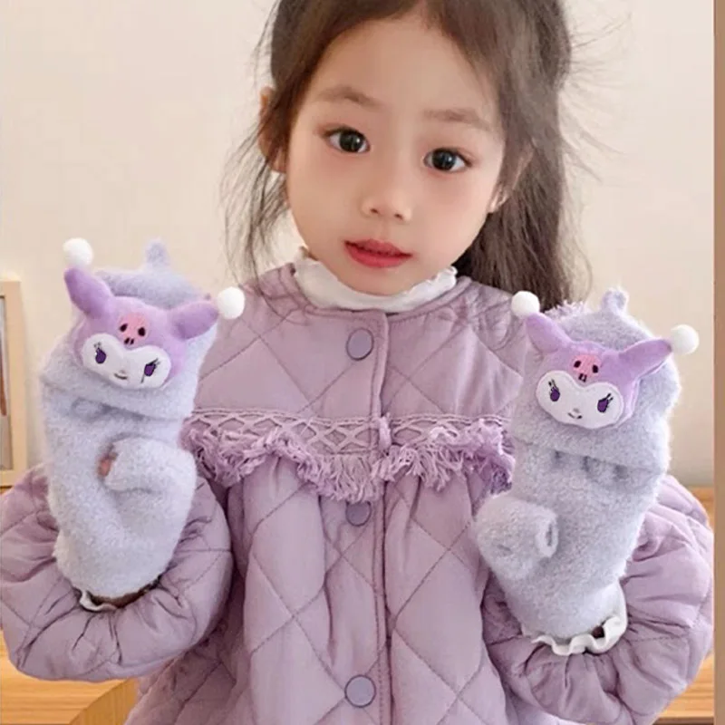 5-12 Years Children Gloves Winter Knitted Half Finger Flip Gloves Girls Boys Cute Cartoon Warm Thick Kids Mittens girl gloves