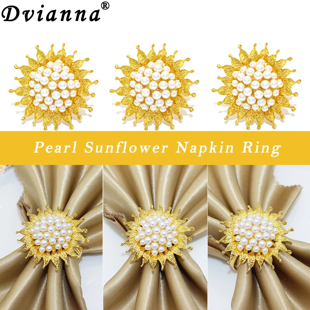 

6pcs Pearl Napkin Ring Sunflower Napkin Holder Table Decoration for Spring Wedding Birthday Christmas Home Easter Decor HWP04