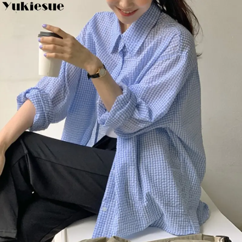 

Gentle Harajuku Korean Spring Summer Fashion Leisure Foam Cotton Textured Plaid Medium Length Sun Protection Clothing Esthetics