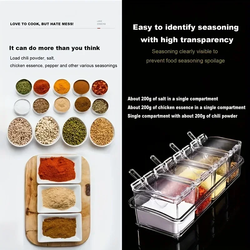 1SET/2SET Four Compartment Transparent Seasoning Box with Spoon Lid and Storage Base Sugar, MSG Four in One Storage Container