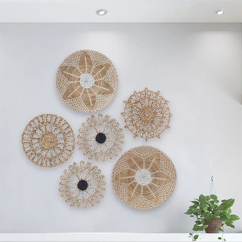 6Pcs Handmade Wall Hanging Woven Seagrass Basket African Boho Style Decorative Bowls Disks for Home Living Room Bedroom Decor 3
