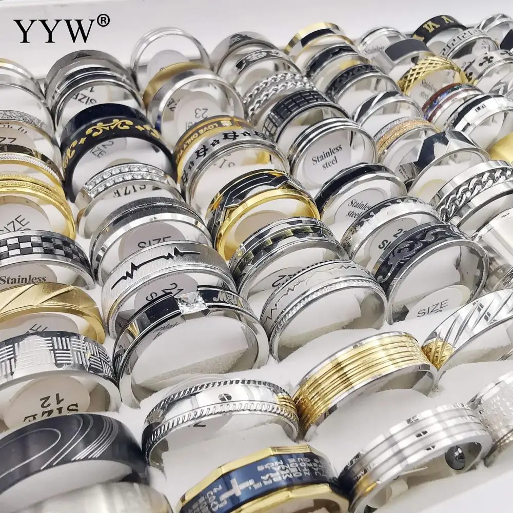 

100PCs/Box Wholesale Stainless Steel Finger Rings For Women Men Gold Silver Plate Mix Style Jewelry Punk Party Joint Ring Gifts
