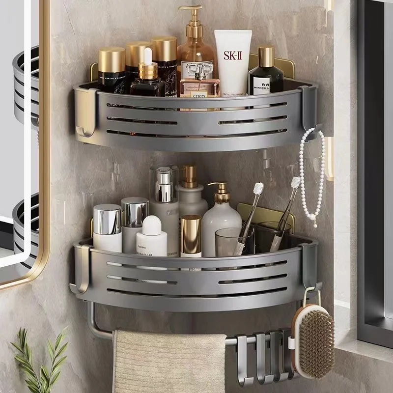 No Drill Bathroom Corner Shelf Wall Mounted Shower Corner Shelves with Hook Towel Bar Space Aluminum Bathroom Organizer Rack 2