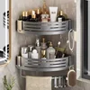 No Drill Bathroom Corner Shelf Wall Mounted Shower Corner Shelves with Hook Towel Bar Space Aluminum Bathroom Organizer Rack 2