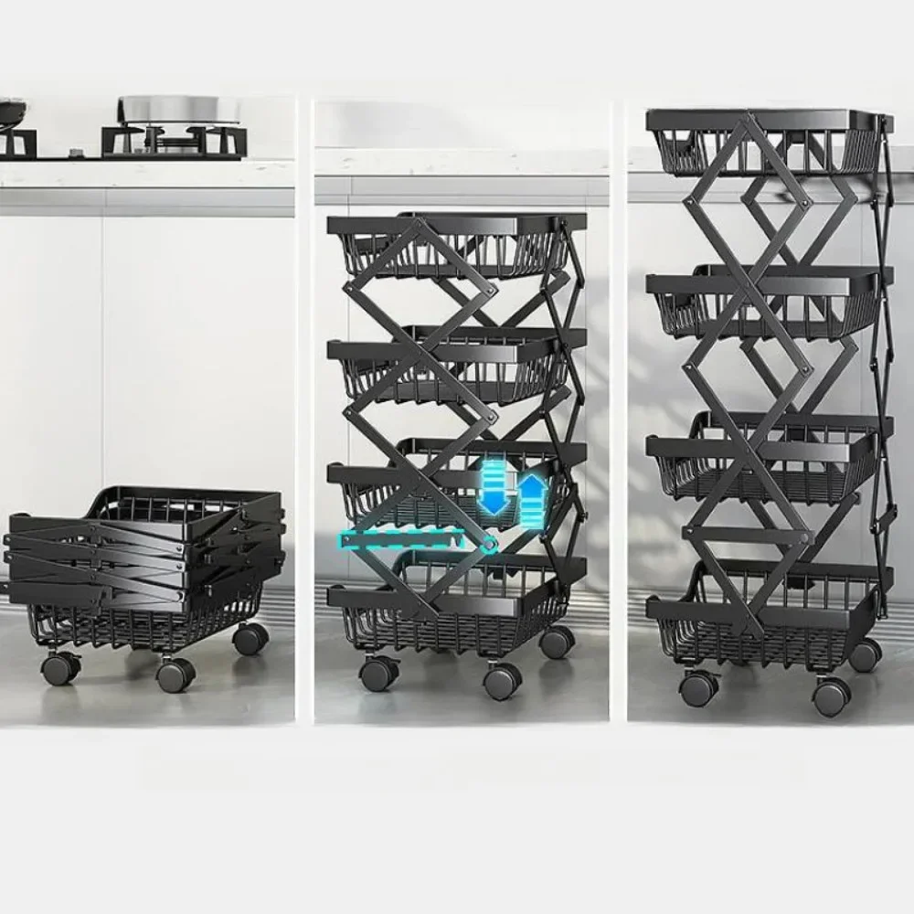 Movable Kitchen Fruit Basket Stackable Crevice Vegetable Storage Cart Floor-Mounted Multi-Layer Shelf Folding Rack Trolley Cart 6