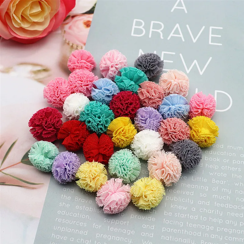 20mm Net Yarn Elastic Flower Ball DIY Lace Craft Tennis Pompom Pendant Hairpin Jewelry Decoration Making Accessories 50-100pcs