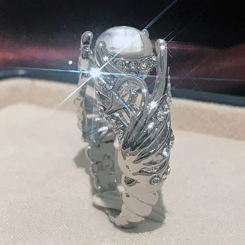 Anillos Yuzuk Silver Jewelry Ring Vintage Colorful Big Circular Cut Ring Women Angel Wings Moonstone Femme Jewelry Silver Rings Silver Ring