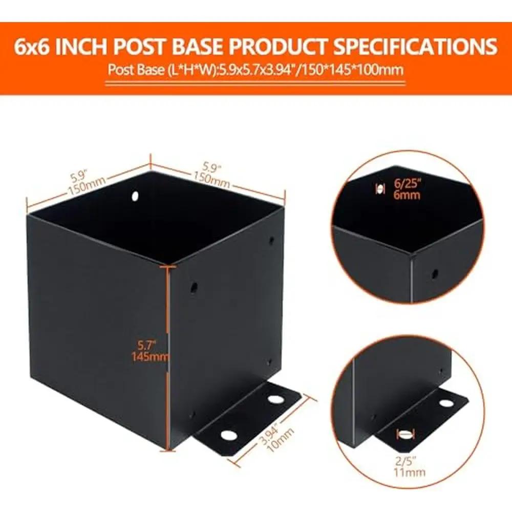 6x6 Steel Post Base Bracket Kit Wood Fence Pergola Deck Galvanized Waterproof Easy Installation DIY Outdoor Holder Complete