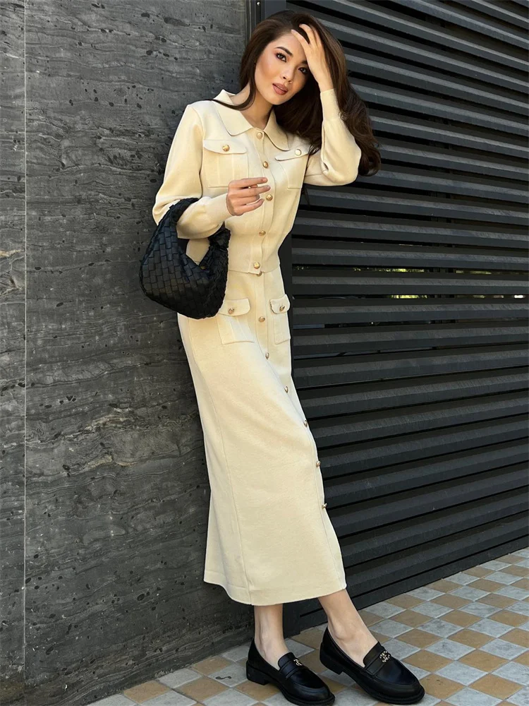 Conjunto de 2 piezas de punto con solapa y falda larga para mujer, moda de retazos, conjuntos ajustados de cintura alta, ropa de calle, conjuntos de falda larga de otoño para mujer
