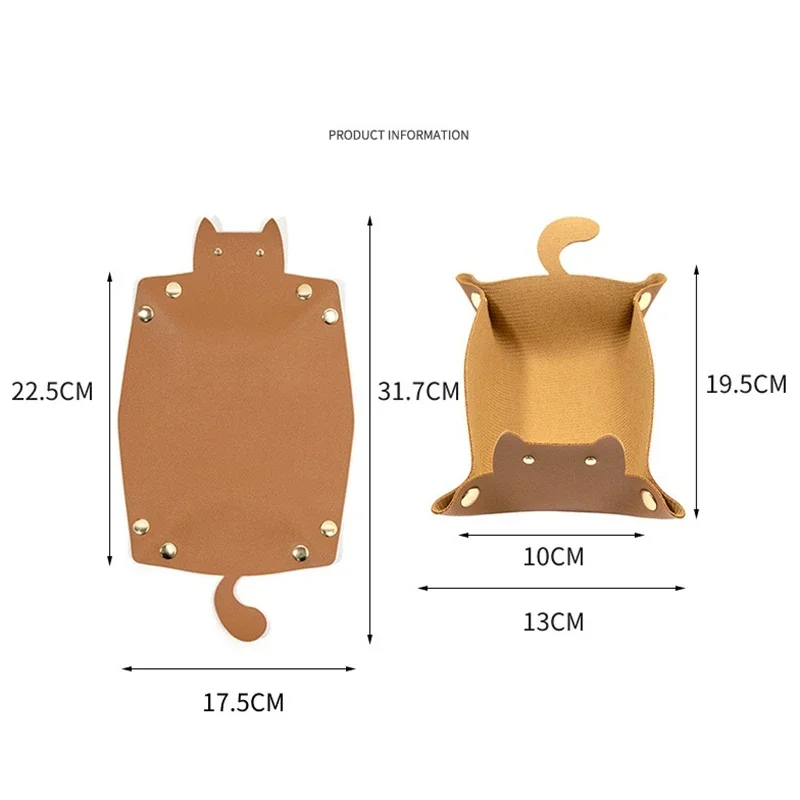 Cute Cat Shape Leather Storage Tray Dice Box Coin Desktop Jewelry Box Makeup Key Tray DIY Household Folding Tray Storage Case 6