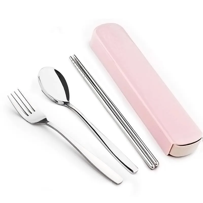 Portable Travel Tableware Set Stainless Steel Dinnerware Box for Kid School Cutlery