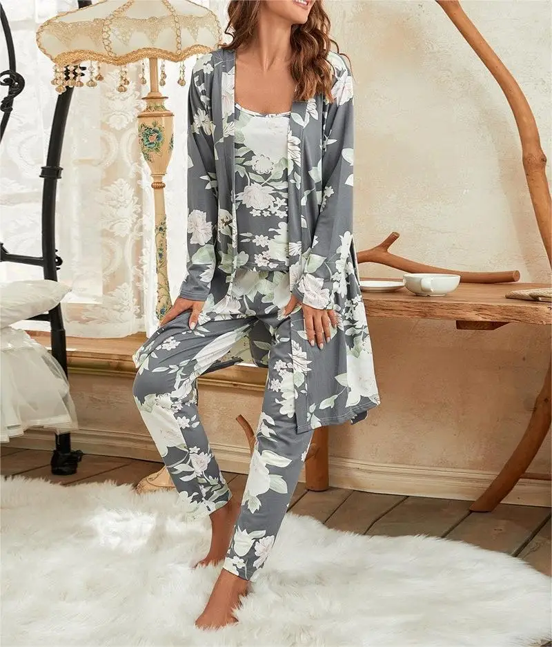 Floral Print Milk Silk Nightgown Three Piece Suit Homewear Women's Suit Sleepwear Women