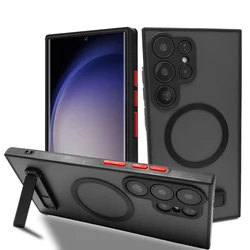 Translucent Magnetic Phone Case with Kickstand and Slim Stand Cover for S24 Ultra (Black Case)
