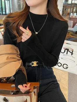 2025 Autumn Women Pullover Sweater Fashion Half Turtleneck Knitted Female Jumper Long Sleeve Winter Black Soft Elastic Tops