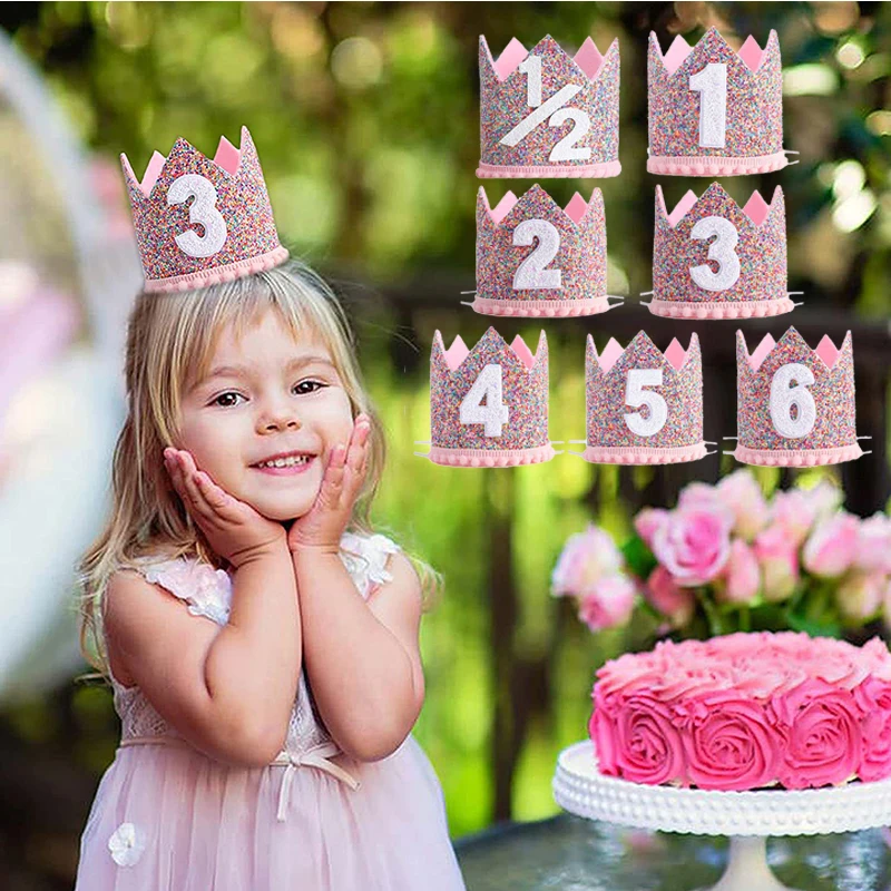 Sombrero de fiesta de cumpleaños de bebé, diadema de corona de princesa,  decoraciones de cumpleaños de 1 año, 2 años, 3 años, suministros de fiesta  para niños