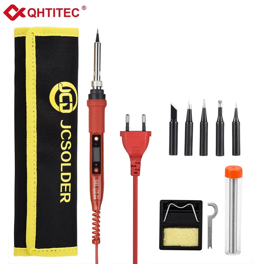 QHTITEC JCD 80W Adjustable Temperature Portable LCD Tin Soldering Iron Electric Kit Welding Tool Wooden Iron Set for Diy Kit Tip