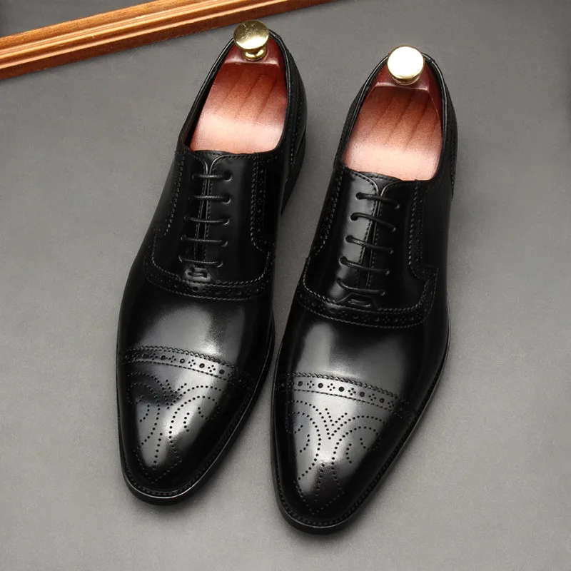 New Bullock men's shoes, leather engraved retro, business dress shoes, triple connector, high-end wedding, large