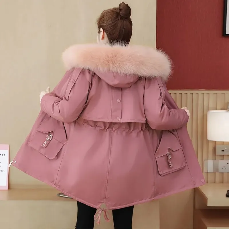 

Women's Plush Thick Cotton Padded Parkas 2022 New Winter Jacket Warm Big Fur Collar Splice Hooded Outwear Korean Female Coat Top