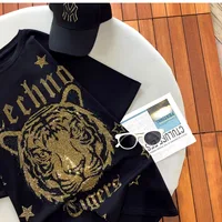 300 catties fashion wear rhinestone diamond tiger head back wings diamond black women's short-sleeved T-shirt top - Image 6