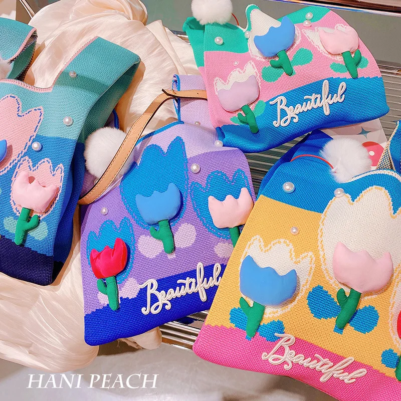 

Bags for Women Purses and Handbags Tulip Knit Bag Lovely and Sweet Fashion Open Pocket Versatile Corssbody for Women