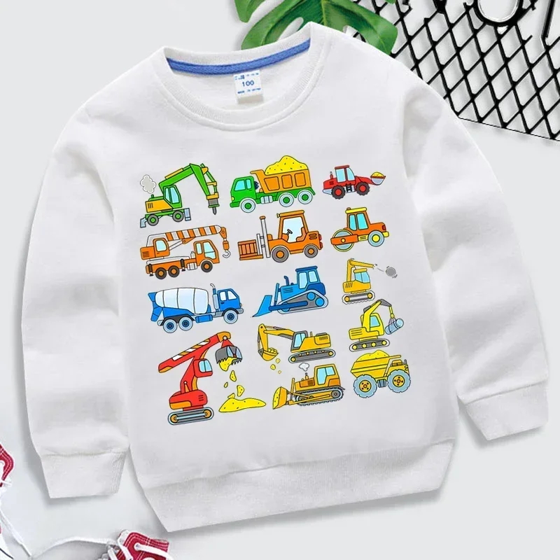 Kids Sweatshirts Excavator Print Hoodies Boys Girls Cartoon Waterwheel & Bulldozer Sweatshirts Children Clothing
