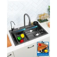Black Nano Kitchen Sink 304 Stainless Steel Waterfall  Basin Large Single Slot with  Faucet for  2