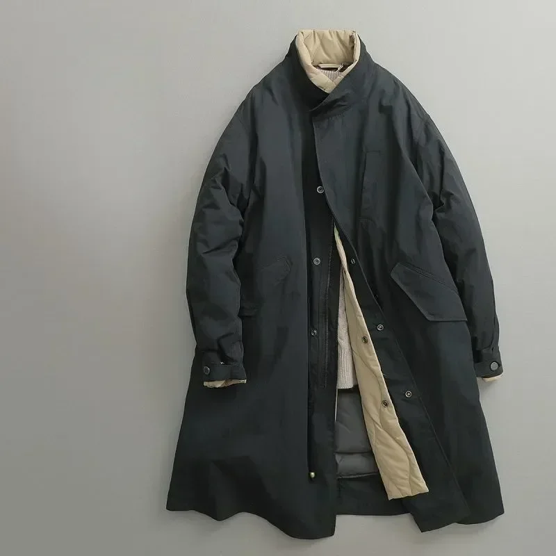 

Men's Oversized Solid Coat Harajuku Vintage Fake Two Piece Cotton Coat Standing Collar Long Parka Warm Korea Designer Clothing