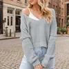 2024 Autumn/Winter Fashion New V-neck Solid Color Off Shoulder Loose Solid Color Knitted Shirt for Women 1