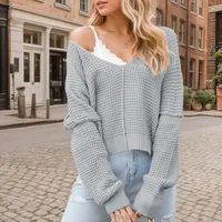2024 Autumn/Winter Fashion New V-neck Solid Color Off Shoulder Loose Solid Color Knitted Shirt for Women 1