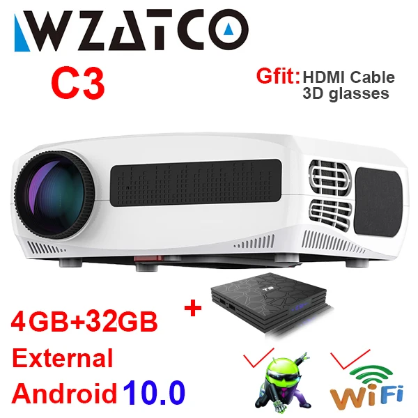 WZATCO C3 4D Keystone LED Projector 4K Android 10.0 WIFI 1920*1080P Proyector Home Theater 3D Media Video player Game Beamer rca projector Projectors