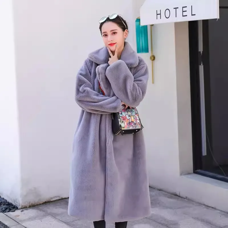 

Autumn Winter New Women Korean Long Imitation Rex Rabbit Fur Coat Loose Thick Warm Casual Lapel Long Sleeve Faux Overcoat Female