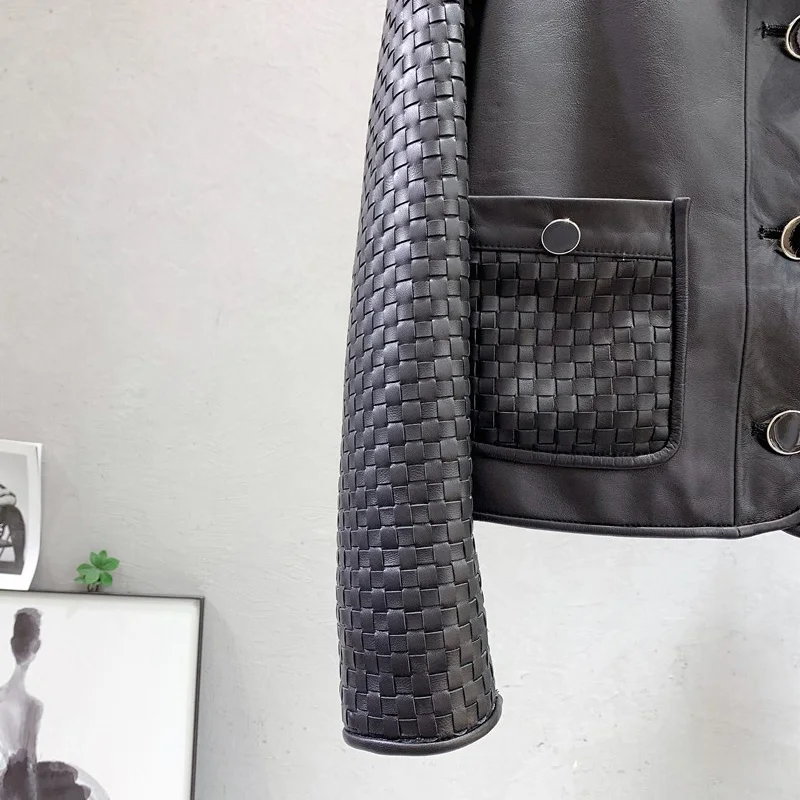 Lady Leather Jackets 2022 New Genuine Sheepskin Woven Sleeve Single Breasted Solid Short Coat Round Neck Streetwear AEL4937