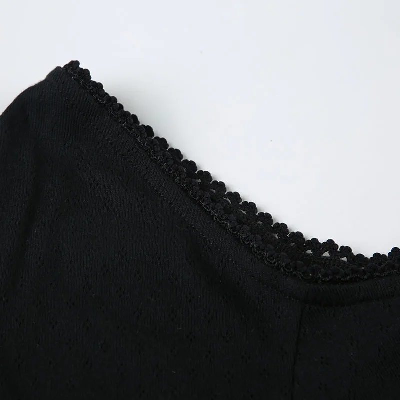 Korean Fashion Shirring Bow Square Collar Slim Long Sleeve Black T Shirt Women White Solid Basic Cute Japanese Top Tee