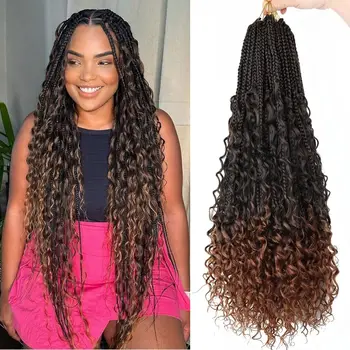 1/7 Packs Goddess Box Braids 10-24Inch Pre-looped Boho Box Braids With Curly Ends 3X Crochet Braids Hair Synthetic Braiding Hair 1