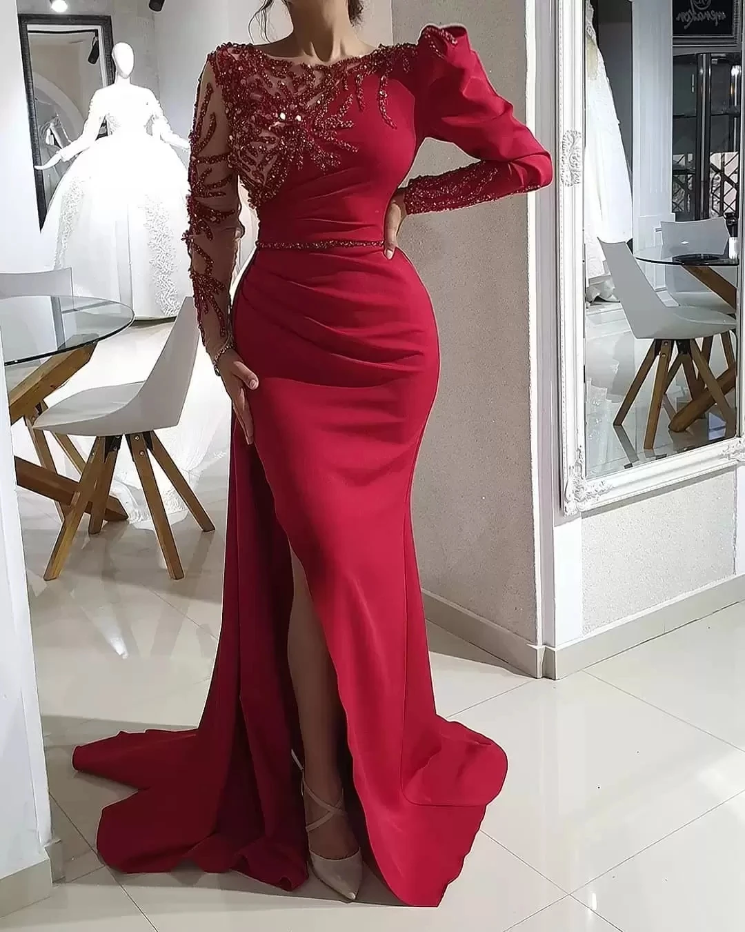 

Роскошное вечернее платье-Русалка Aso Ebi, красное атласное платье с кристаллами, расшитое бисером, для выпускного вечера, 2023
