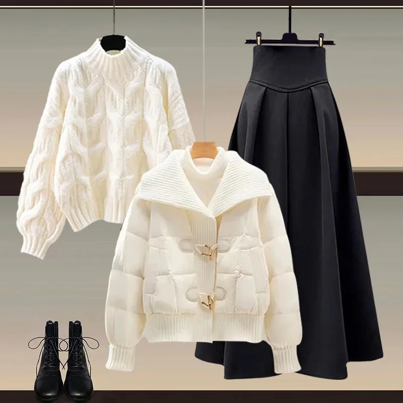 المرأة الخريف الشتاء القطن معطف سترة نصف تنورة مجم...