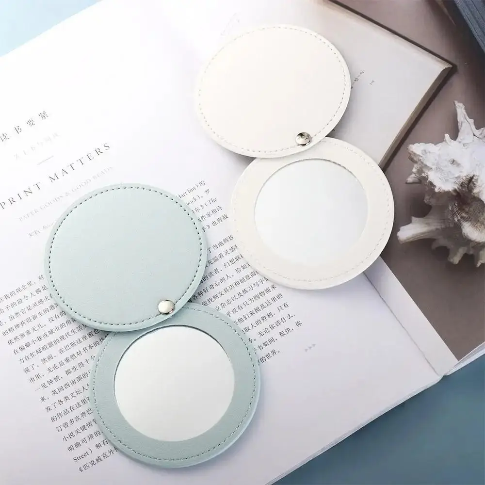 New Pu Leather Makeup Mirror Round Ultra-Thin Cosmetic Mirror Lightweight Solid Color Pocket Mirror