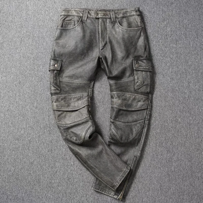 thumbnail image 1 of Pantalones de cuero retro para hombre, para montar en motocicleta, con cabeza de piel de becerro engrosada, se puede instalar con equipo de protección, 1 of 5