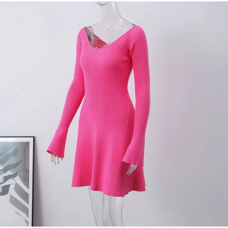 Knit Off-Shoulder V-Neck Mini Dress For Women Ribbed Loose Casual High Waist Long Sleeve Knitwear Dress Women's Mini Dress