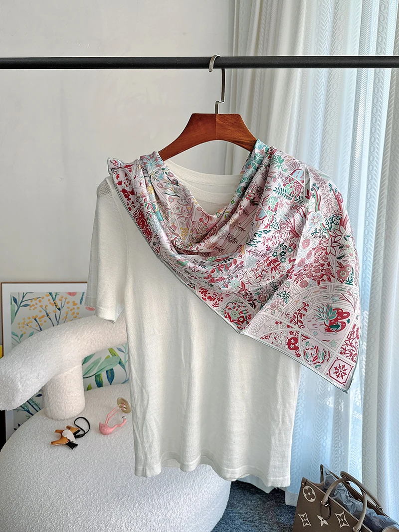 Loral Garden Scarf Small Floral Scarf Pink Woman Neck Hijab For Girl Summer Head Handkerchief For Hair Silk100
